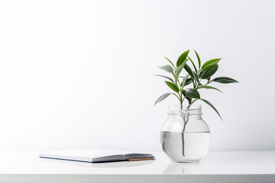 A clear white desk with a notebook and a plant