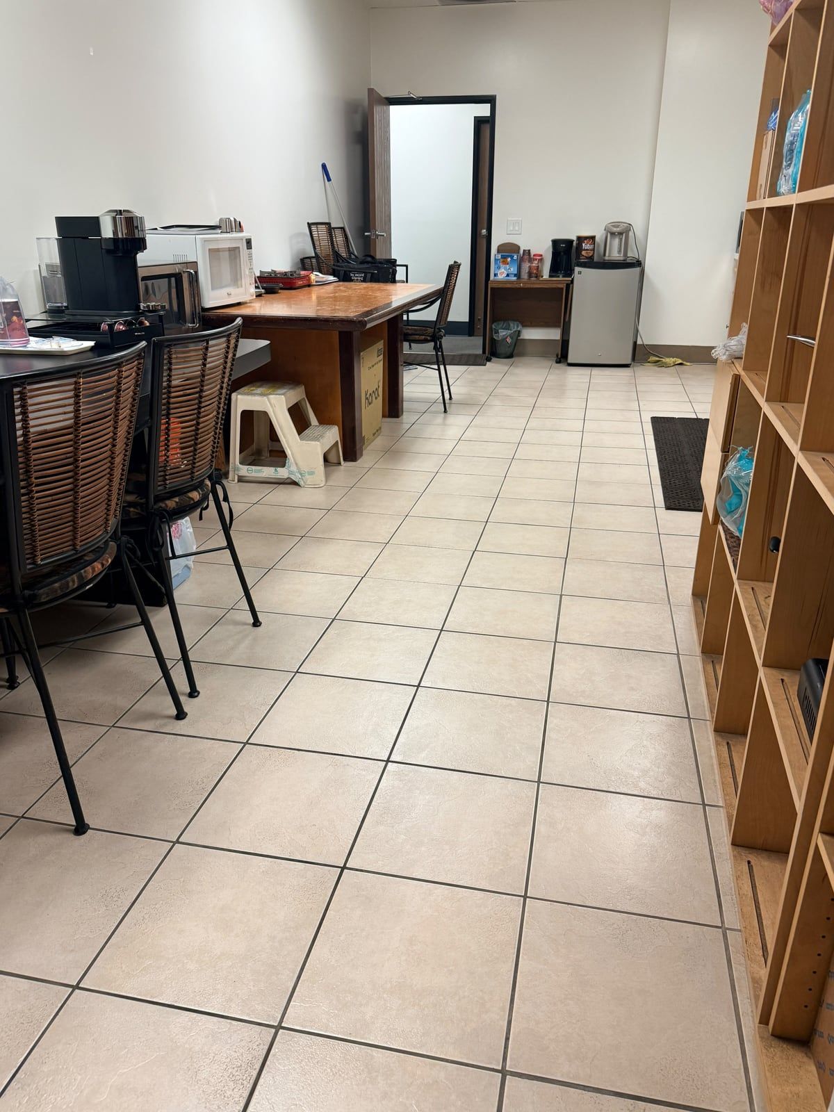 The breakroom tile floor, clean from end to end